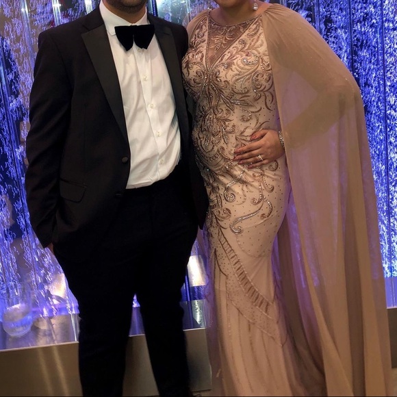 Pinkish nude embellished long sleeve dress with over cape - Picture 3 of 3